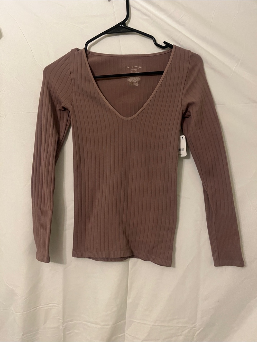 Free People Ribbed Deep V Long Sleeve Top - Mauve
